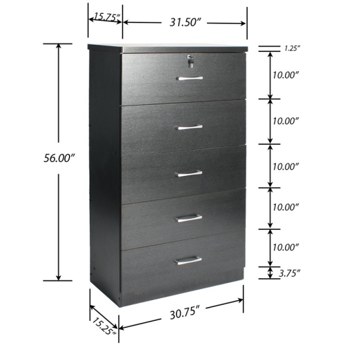 Pemberly Row Contemporary Wooden Tall 5 Drawer Chest Bedroom Dresser in Black