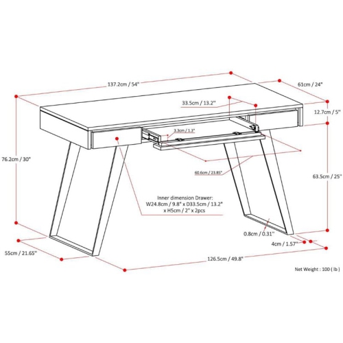 Simpli Home Lowry 54" Solid Wood Modern Computer Desk in Hickory Brown