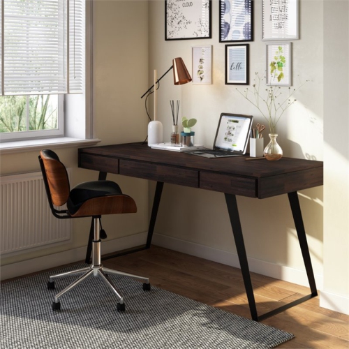 Simpli Home Lowry 54" Solid Wood Modern Computer Desk in Hickory Brown