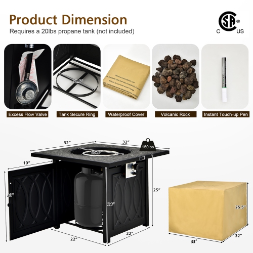 Costway 32" Propane Fire Pit Table Square Tabletop w/Lava Rocks Cover 50,000 BTU