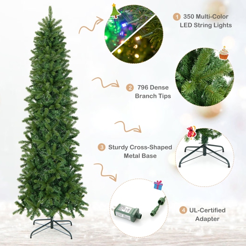 Costway 7.5FT Pre-Lit Hinged Artificial Christmas Tree w/ 796 Tips & 350 LED Lights