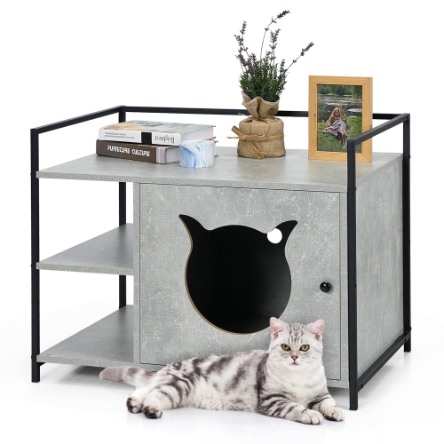 Costway Cat Litter Box Enclosure Hidden Litter Furniture Cabinet W/ 2-Tier Storage Shelf