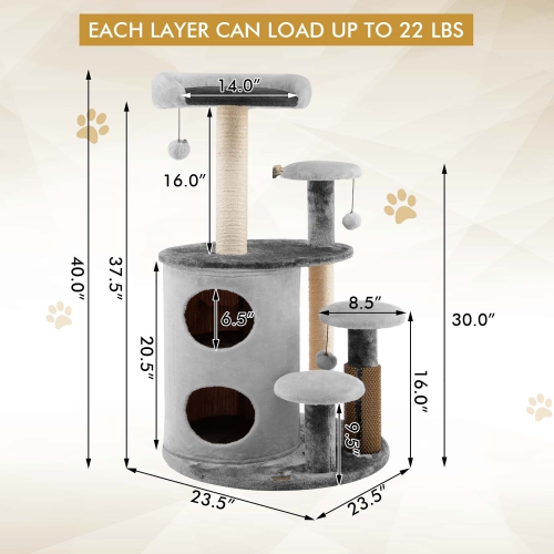 Costway 40" Cat Tree Tower Multi-Level Activity Tree with 2-Tier Cat-Hole Condo