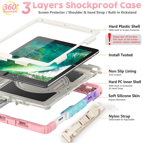 Timecity Case for iPad 6th/ 5th Generation with Pencil Holder, 360° Rotatable Kickstand Adjustable Hand Strap Shoulder Strap