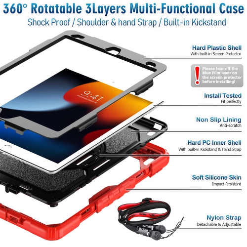 Timecity Case for iPad 10.2, Case for iPad 9th/8th/ 7th Generation with Screen Protector, 360° Rotatable Stand with Hand/Shoulder Strap, Shockproof