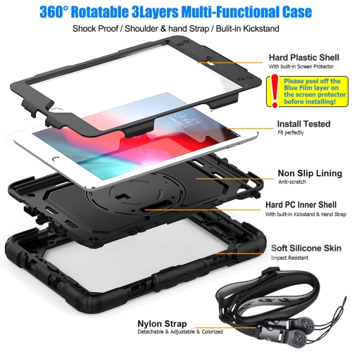 SEYMAC stock iPad Mini 5/4 Case, Full-Body Drop Proof Armor Case with 360 Rotating Stand Pencil Holder Screen Protector
