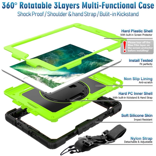 Timecity Kids Case for iPad 6th/5th Generation, 9.7 Inch Case with Screen Protector/Rotating Stand/ Hand/Shoulder Strap, Hea