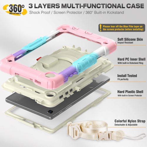 SEYMAC stock Case for Galaxy Tab A7 Lite Screen Protector Case with 360 Rotating Stand, Shoulder Strap, Shockproof Drop Proo