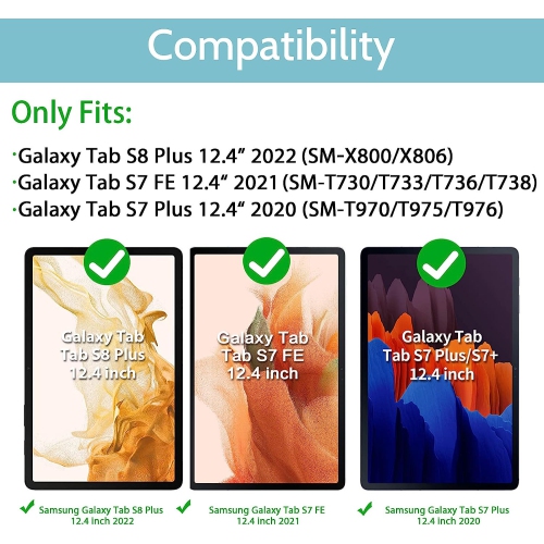 Samsung Galaxy Tab S8 Plus 2022 / Tab S7 FE 12.4 2021 with Screen Protector, Rotating Stand and Strap, Full-Body Protective Case for S7 Plus