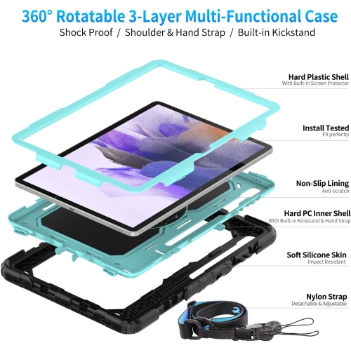 Samsung Galaxy Tab S8 Plus 2022 / Tab S7 FE 12.4 2021 with Screen Protector, Rotating Stand and Strap, Full-Body Protective Case for S7 Plus