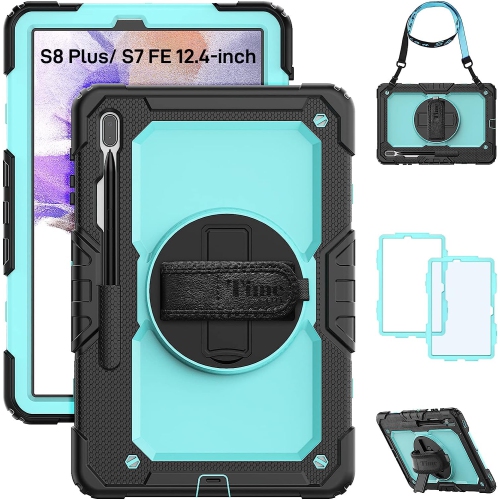Samsung Galaxy Tab S8 Plus 2022 / Tab S7 FE 12.4 2021 with Screen Protector, Rotating Stand and Strap, Full-Body Protective Case for S7 Plus