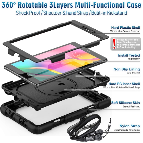 navor Compatible with Galaxy Tab A 8.0, Built in Screen Protector, Shockproof Heavy Duty Protective Rugged Cover with Shoulder Strap, Hand Strap,