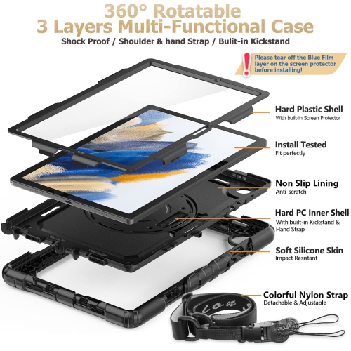 SEYMAC – Étui stock pour Galaxy Tab A8 de 10.5 po 2022 de Samsung avec porte-crayon protecteur d’écran 360, dragonne rotative et support
