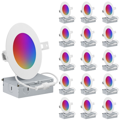 QPLUS  16Pk - 4 Inch Smart Slim Led Pot Light (Wifi - No Hub) - RGB 16 Million Colors & Tunable 2700K to 6500K - Aluminum Frame In White