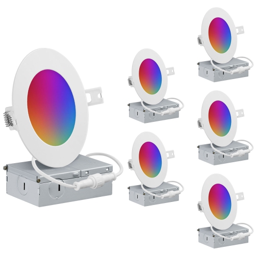 QPLUS  4 Inch Wifi Smart Slim Led Recessed Ceiling Light 6Pk (No Hub Required) - RGB 16 Million Colors & Tunable 2700K to 6500K - Aluminum Frame