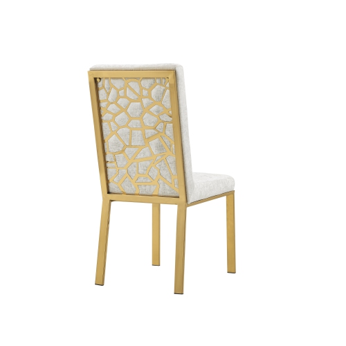Angelina Luxury Velvet Dining Chairs - Ivory, Honeycomb Pattern, Crocodile Skin Pattern Fabric with Gold Stainless Legs and Frame