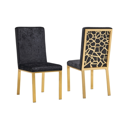 Angelina Luxury Velvet Dining Chairs - Black, Honeycomb Pattern, Crocodile Skin Pattern Fabric with Gold Stainless Legs and Frame