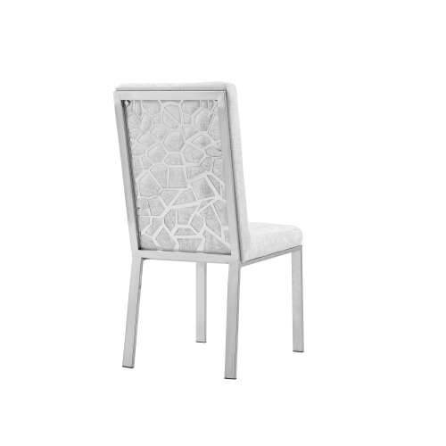 Angelina Luxury Velvet Dining Chairs - Ivory, Honeycomb Pattern, Crocodile Skin Pattern Fabric with Silver Stainless Legs and Frame