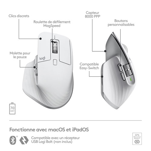 Souris Bluetooth optique MX Master 3S de Logitech pour Mac - Gris pâle