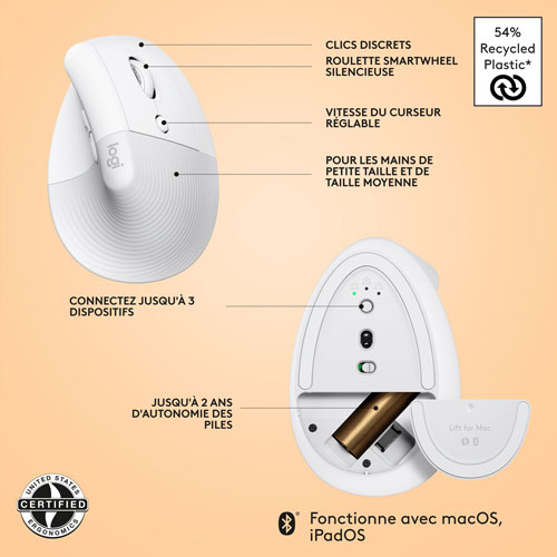 Souris sans fil ergonomique de 4000 ppp Lift de Logitech pour Mac - Blanc cassé