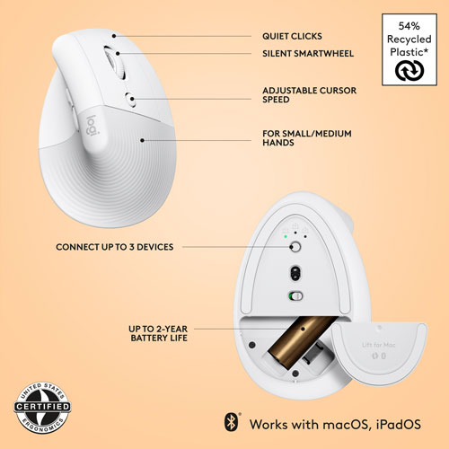 Souris sans fil ergonomique de 4000 ppp Lift de Logitech pour Mac - Blanc cassé