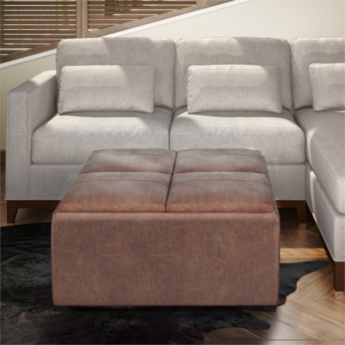 Simpli Home Avalon 35" Square Faux Leather Coffee Table Ottoman in Umber Brown