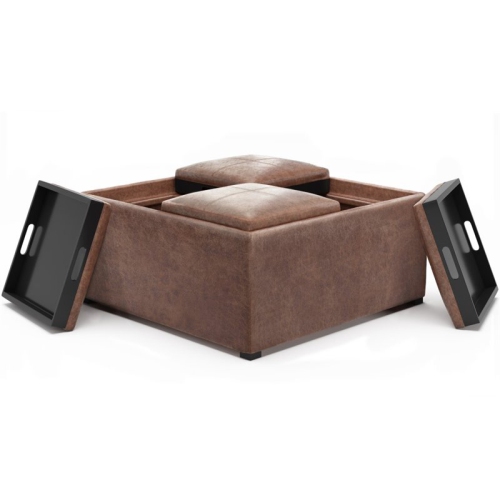 Simpli Home Avalon 35" Square Faux Leather Coffee Table Ottoman in Umber Brown