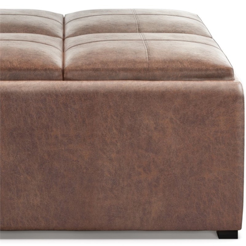 Simpli Home Avalon 35" Square Faux Leather Coffee Table Ottoman in Umber Brown