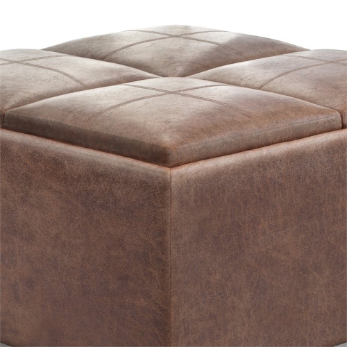 Simpli Home Avalon 35" Square Faux Leather Coffee Table Ottoman in Umber Brown