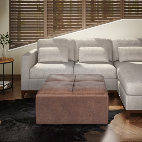 Simpli Home Avalon 35" Square Faux Leather Coffee Table Ottoman in Umber Brown