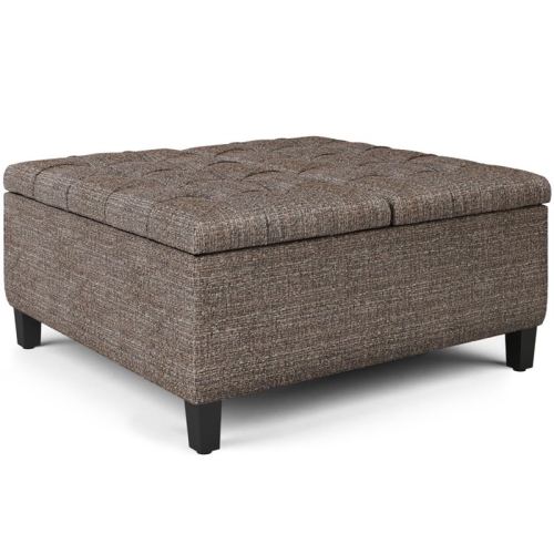 Simpli Home Harrison 36" Transitional Square Coffee Table Ottoman in Mink Brown Tweed Look Fabric