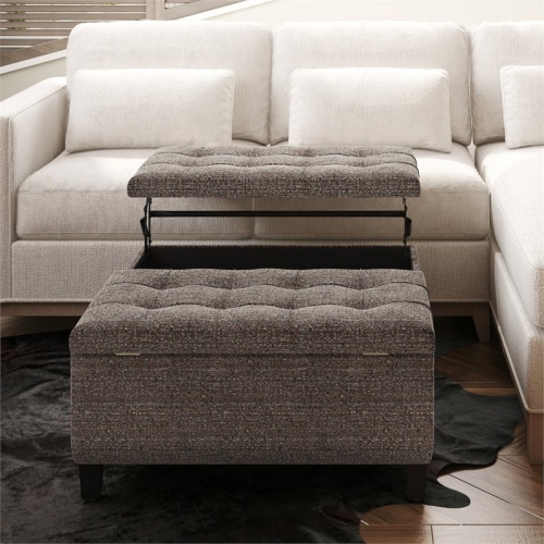Simpli Home Harrison 36" Transitional Square Coffee Table Ottoman in Mink Brown Tweed Look Fabric