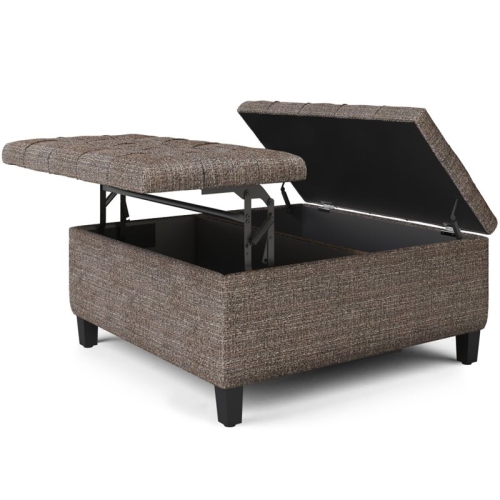 Simpli Home Harrison 36" Transitional Square Coffee Table Ottoman in Mink Brown Tweed Look Fabric