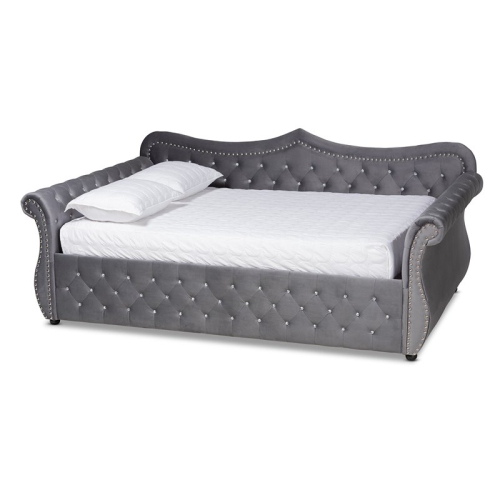 BAXTON STUDIO  Abbie Velvet And Crystal Tufted Queen Size Wood Daybed In Gray