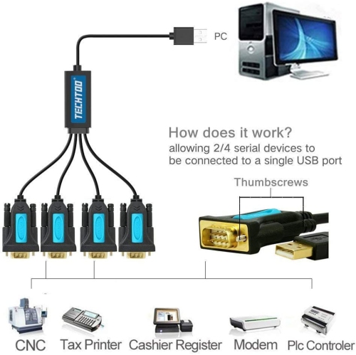 4 Port Professional FTDI CHIP USB to Serial RS232 DB9 Adapter Converter Serial Cable 9-Pin Male to Male with Thumbscrews