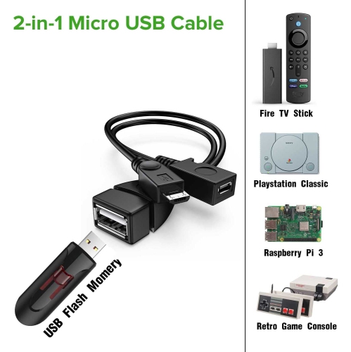 [Paquet de 2] Câble d’adaptateur 2-en-1 Micro USB OTG avec câble d’alimentation pour les appareils Fire Stick/Host, etc. – Noir