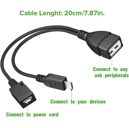 [Paquet de 2] Câble d’adaptateur 2-en-1 Micro USB OTG avec câble d’alimentation pour les appareils Fire Stick/Host, etc. – Noir