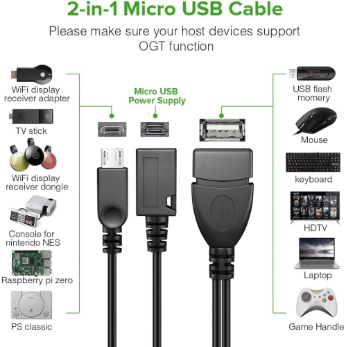 [Paquet de 2] Câble d’adaptateur 2-en-1 Micro USB OTG avec câble d’alimentation pour les appareils Fire Stick/Host, etc. – Noir