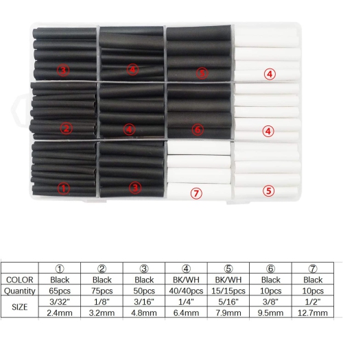 Tubes thermorétractables 3:1 adhésifs à double paroi, 320PCS 2 couleurs 7 tailles 1⁄2 pi, 3⁄8 pi, 5⁄16 pi 1⁄4 pi, 3⁄16 pi, 1/8 pi, 3/32 pi