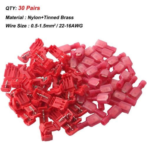 60Pcs Premium T-Tap Wire Terminals, Self-Stripping Quick Splice Wire Connectors and Fully Insulated Male Spade Terminals Connectors Kit –– Red