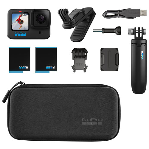 Caméra sport 5,3K GoPro HERO10 Black avec mini perche extensible, trépied, batterie et accessoires