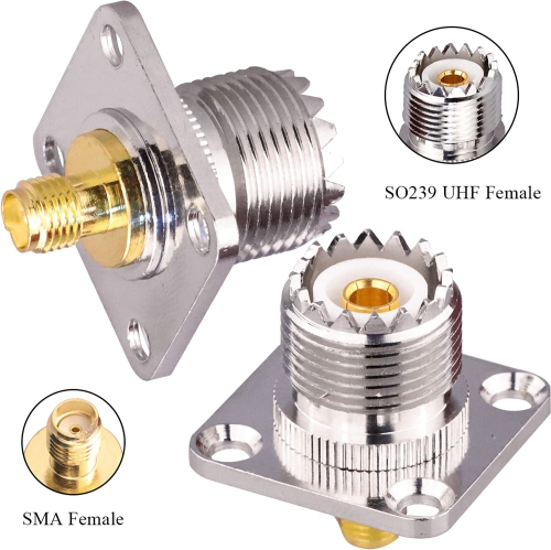 SMA Female to UHF Female Jack Panel Chassis Mount RF Coax Adapter SO239 PL259 UHF to SMA 4-Hole Flange Panel Mount Adapter for Jumper Cable SMA to
