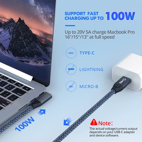 Câble USB-C à USB-C de 100 W et 3,3 pi, USB à angle droit 3.2 Gen2x2 20 Gb/s, recharge rapide, moniteur vidéo 4K 60 Hz, câble de type C, pour