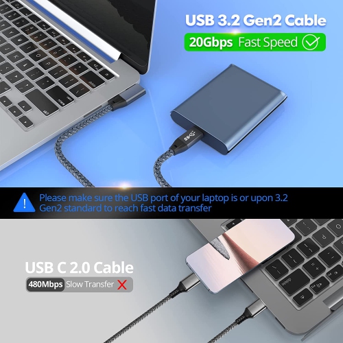 Câble USB-C à USB-C de 100 W et 3,3 pi, USB à angle droit 3.2 Gen2x2 20 Gb/s, recharge rapide, moniteur vidéo 4K 60 Hz, câble de type C, pour