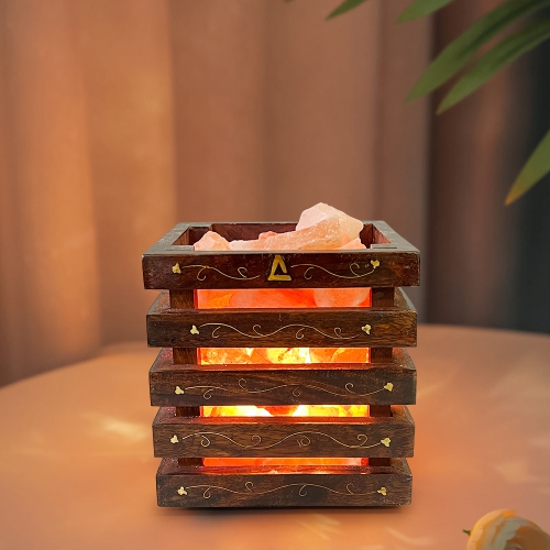 Himalayan Pink Rock Salt Lamp- Wooden Basket Brass Best Gift Item
