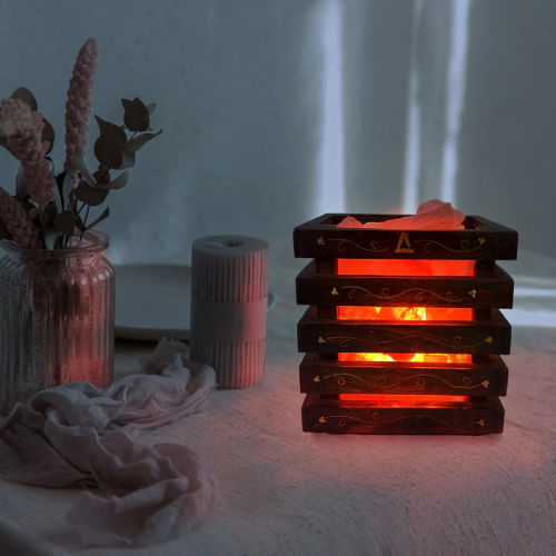 Himalayan Pink Rock Salt Lamp- Wooden Basket Brass Best Gift Item