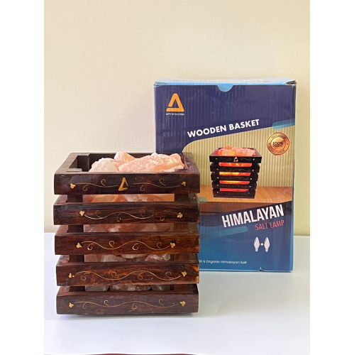 Himalayan Pink Rock Salt Lamp- Wooden Basket Brass Best Gift Item
