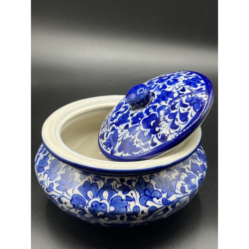 ApexGlobal Blue Pottery Serving Dish with Lid. Handcrafted Ceramic Serving Bowl. 17 cm x 9 cm. Unique Gift Idea. Home Décor