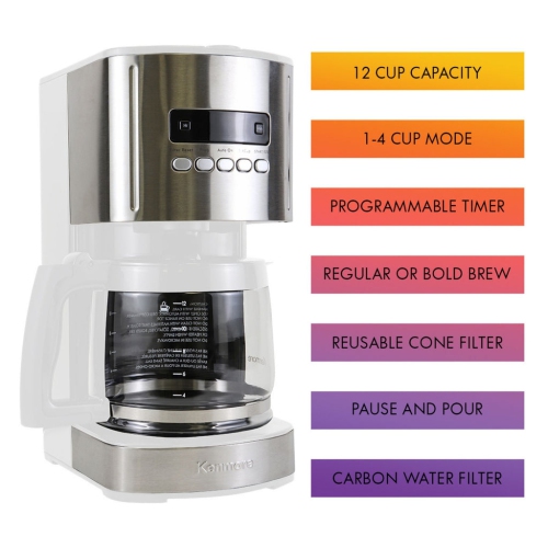 Kenmore Aroma Control 12-Cup Programmable Coffee Maker, White and Stainless Steel, Reusable Filter.