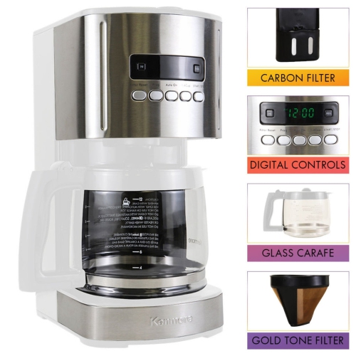 Kenmore Aroma Control 12-Cup Programmable Coffee Maker, White and Stainless Steel, Reusable Filter.